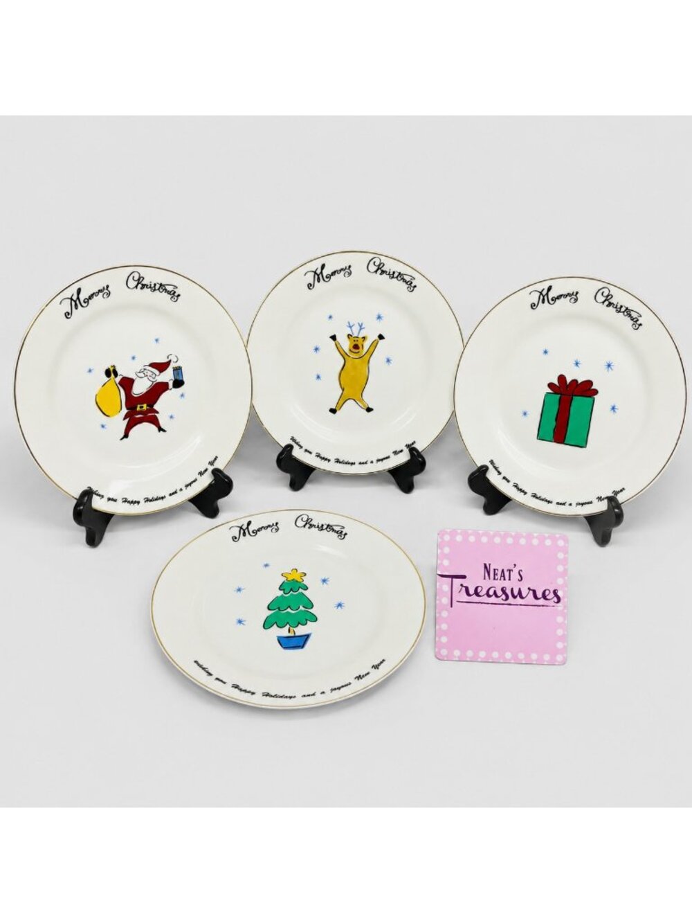 2001 Merry Brite MERRY CHRISTMAS Reindeer Package Santa Salad Plates Set of 4